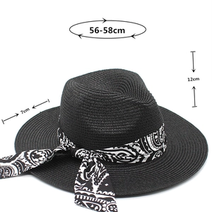 Detail of black straw Panama hat with size markings: 56-58cm crown and 7cm wide brim