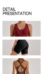 Detailed views of V-neck, crossover back design and high waist fit on sports rompers