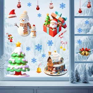 Close-up of 3D Christmas window stickers with Santa Claus, snowmen and festive trees