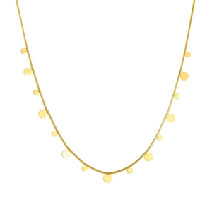 Minimalist gold plated snake chain necklace featuring geometric flat circular discs