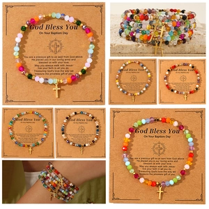 Kralen Armband Kleurrijk Gefacetteerd Kristal Met Gouden Legering Kruis Hanger Doop Cadeaukaart Religieuze Sieraden