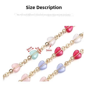 Detail view of 6mm colorful heart bead chain with specific size measurements for DIY crafts