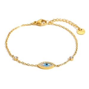 18K gold plated stainless steel bracelet with blue evil eye charm and white zircon stones