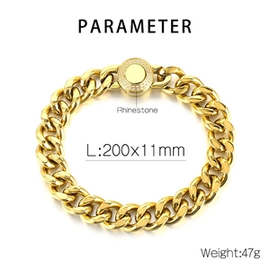 Macro detail of 11mm gold Cuban chain with rhinestone encrusted circular clasp and size specs