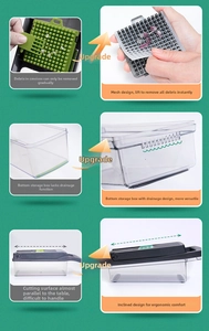 Detail showing removable cleaning grid and drainage system on vegetable slicer