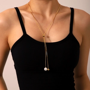 Stainless Steel Artificial Pearl Y-Shape Pendant Necklace Adjustable Snake Bone Chain Long Sweater Chain Elegant For Women