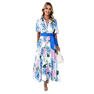 Short puff sleeve A-line maxi dress with hydrangea floral print and blue waist belt