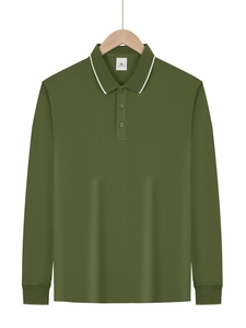 Close-up of olive green long-sleeve polo shirt showing the collar and knitted fabric texture