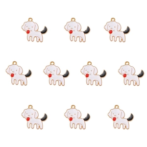 Detailed grid of ten cute cartoon dog charms with golden edges and metal hanging loops