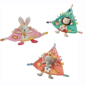 Baby plush security blankets with animal heads and star teethers in pink, teal, and orange
