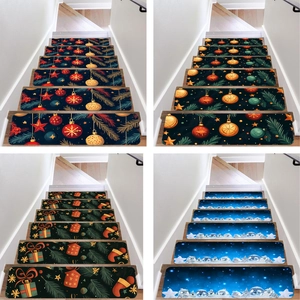 Detailed views of non-slip Christmas stair mats with festive prints for wood stairs