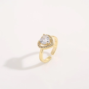 Elegant gold plated heart shaped open ring with sparkling cubic zirconia pavé stones