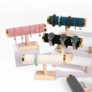 Jewelry Display Stand Wood Base Velvet Leather T-Bar Bangle Bracelet Watch Holder Organizer Luxury Home Storage