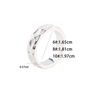 Silver wide hammered texture stainless steel ring showing detailed size specifications