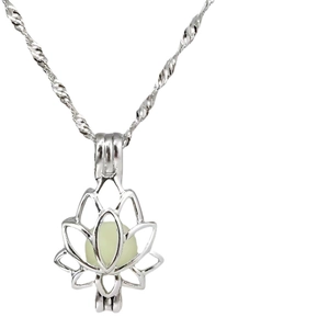 Luminous lotus locket necklace with light green glowing bead on silver chain