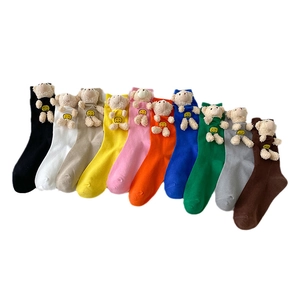 Colorful cotton crew socks featuring cute 3D plush teddy bear ornaments in ten vibrant colors