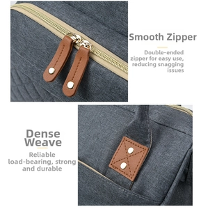 Close-up of smooth two-way zippers and reinforced stitching on gray fashion diaper bag