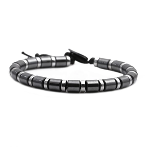 Modern hematite bead bracelet with silver rings and adjustable black braided cord strap