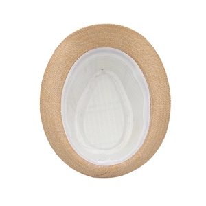 Detailed interior view of a trilby straw hat showing the white sweatband and woven texture