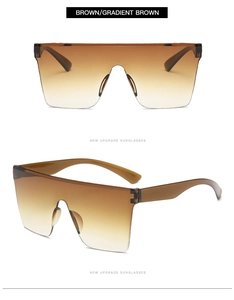 Detailed front and side views of oversized rimless sunglasses with brown gradient lenses
