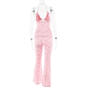 Close-up of pink lace and PU leather patchwork with hollow-out back design on jumpsuit