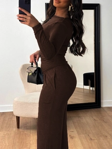 Detailed side view of dark brown long sleeve loungewear set with fine ribbed texture