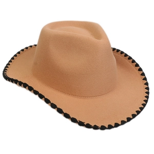 Detail of camel wool felt fedora featuring black wavy stitched trim and curved brim