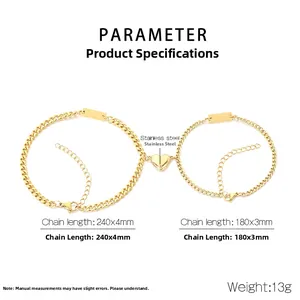 Detailed specs of magnetic heart couple bracelets in gold stainless steel with custom tags