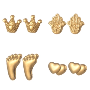 Elegant gold stainless steel stud earring set featuring crown, heart, and hand motifs