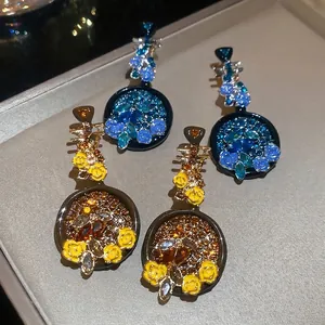 Orecchini Pendenti Fiore Pipa Stile Cinese Lega Strass Smalto Gioielli Eleganti Per Donna Con Silver Earring Post