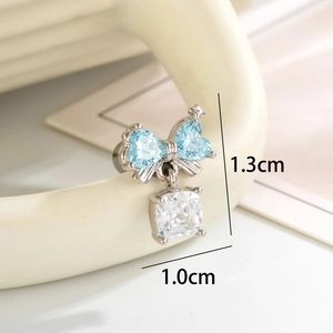 Exquisite bow earring with blue heart zircon and clear square stone, height 1.3cm
