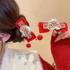 New Year Red Velvet Lion Dance Bow Hair Clips with Embroidery and Gold Charms