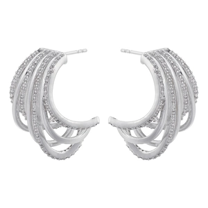 Vintage multi-layer hollow C-shaped hoop earrings with sparkling cubic zirconia in silver