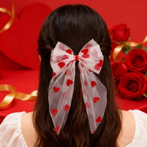 Romantic white mesh bow hair clip with red heart patterns worn by a model from the back