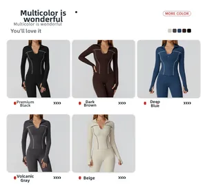 Color matrix of slim fit zip-up sports jackets and leggings with contrast piping details