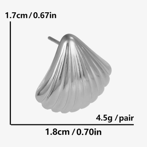 Macro detail of 304 stainless steel shell earring showing size dimensions 1.7cm by 1.8cm