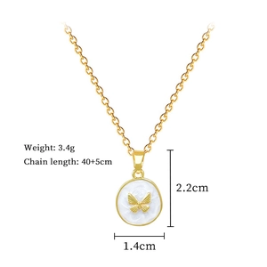 Detail view of gold butterfly pendant showing dimensions of 2.2cm by 1.4cm and 3.4g weight