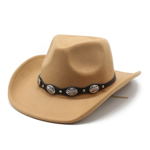 Detail of khaki wool felt cowboy hat featuring a black leather belt with silver metal buckles