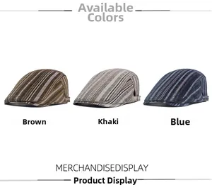 Detail view of adjustable side buckles on striped newsboy caps in various colors