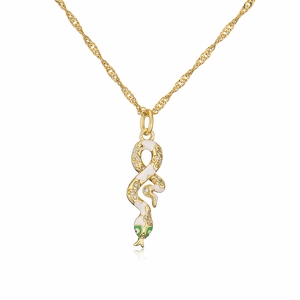 Detailed view of 18K gold plated snake pendant with white enamel and green eyes