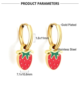Detailed view of gold-plated strawberry earrings with size measurements of 7.1x10.6mm