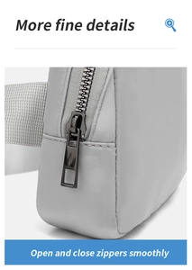 Detail shot of smooth black metal zipper on waterproof grey nylon waist bag fabric
