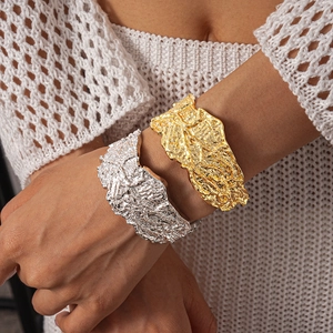Irregular Lava Texture Wide Cuff Bangle For Women Alloy Metal Crumpled Geometric Open Adjustable Bracelet Statement Jewelry