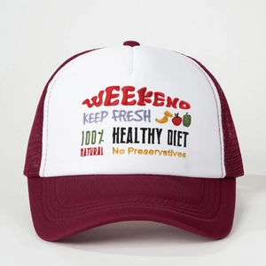 Burgundy and white trucker hat with WEEKEND embroidery and colorful fruit graphics