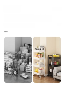Detail view of multi-layer rolling kitchen cart showing organized storage before and after