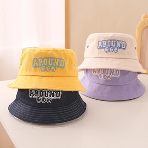 Kids smile letter print bucket hats in yellow, beige, navy denim, and light purple