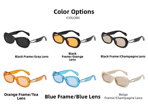 Detailed comparison of oval sunglasses in six colors with unique metal temple accents