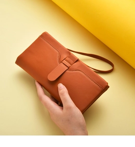 Women long wallet clutch twofold card holder with wrist strap, elegant brown purse design.