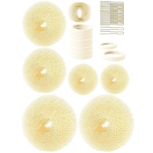 Beige sponge hair donut set with assorted sizes, U-pins and elastic bands for styling