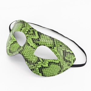 Detail view of the green snake skin mask featuring black elastic strap on white background